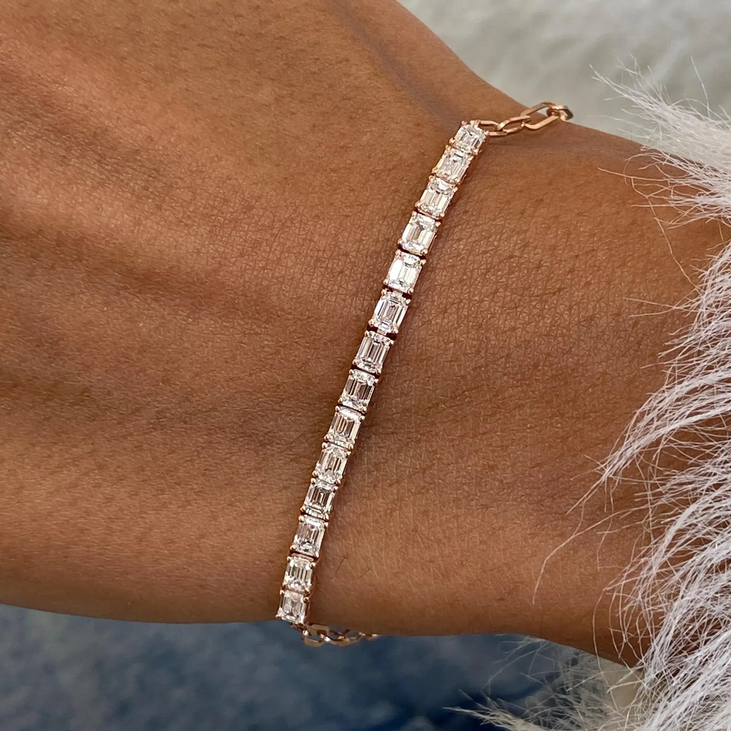 14K Rose Gold Emerald Cut Lab-Grown Diamond Prong Set Half Tennis Bracelet, Bridal Jewelry