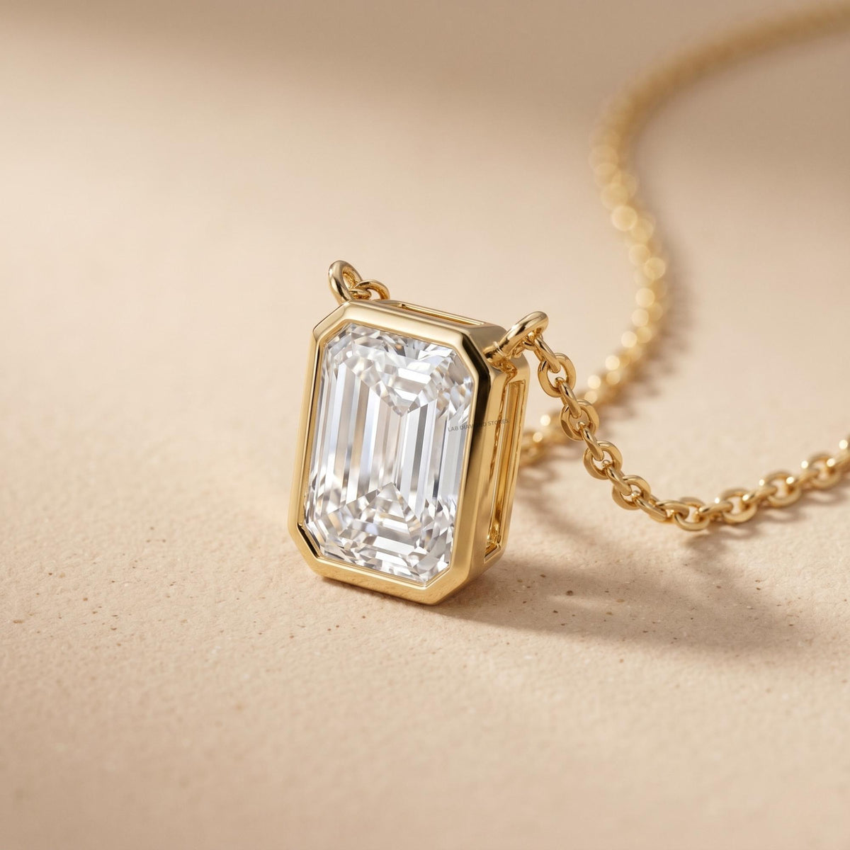 Lab Grown Emerald Diamond Bezel Pendant Necklace, 14K Gold Solitaire Bridal - JBR Jeweler