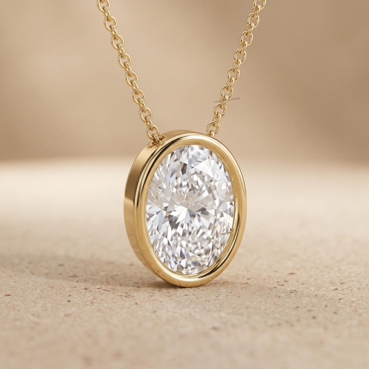 Lab Grown Oval Diamond Bezel Pendant Necklace, Solitaire Diamond Pendant, 18K - JBR Jeweler