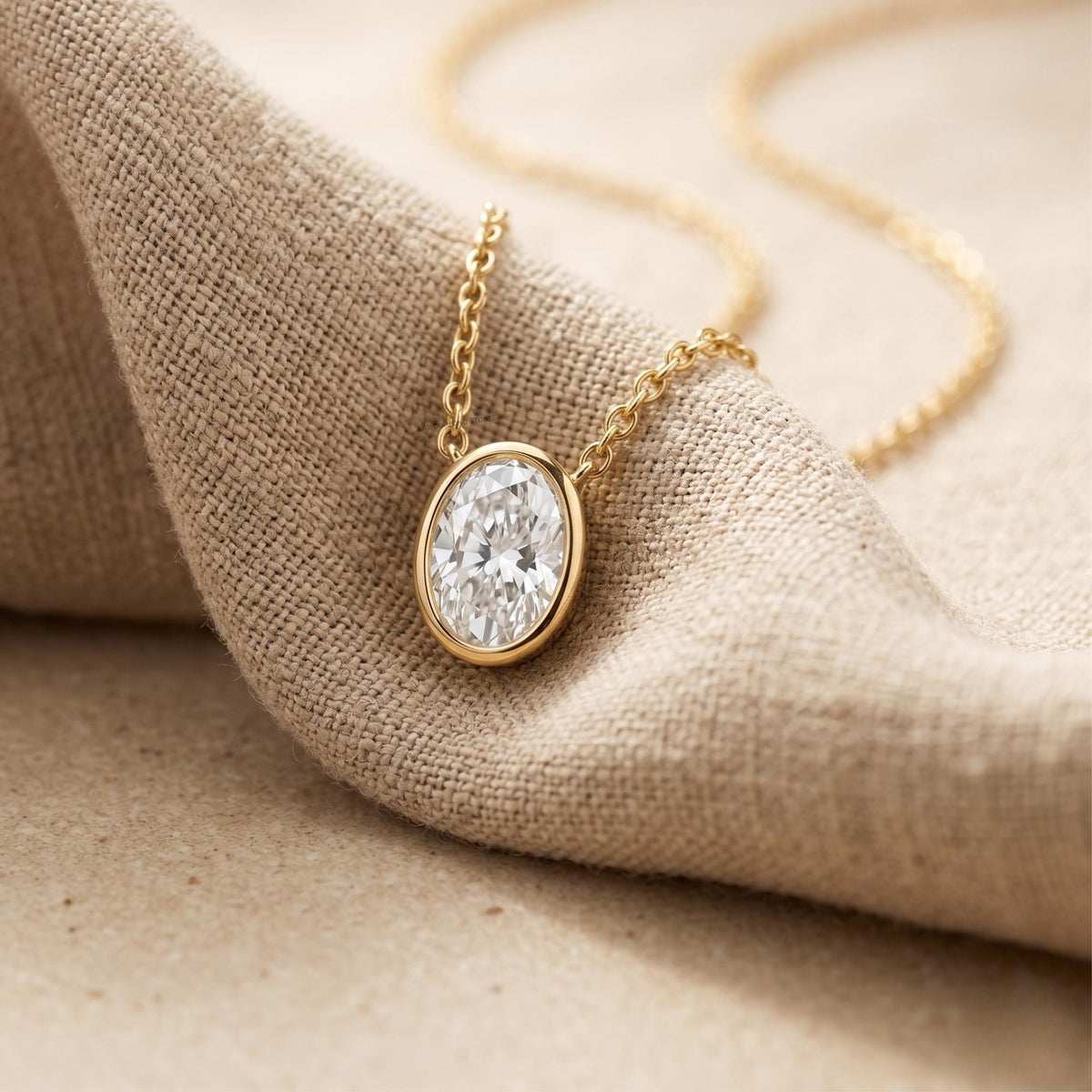 Lab Grown Oval Diamond Bezel Pendant Necklace, Solitaire Diamond Pendant, 18K - JBR Jeweler