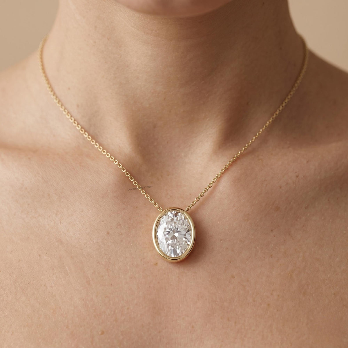 Lab Grown Oval Diamond Bezel Pendant Necklace, Solitaire Diamond Pendant, 18K - JBR Jeweler