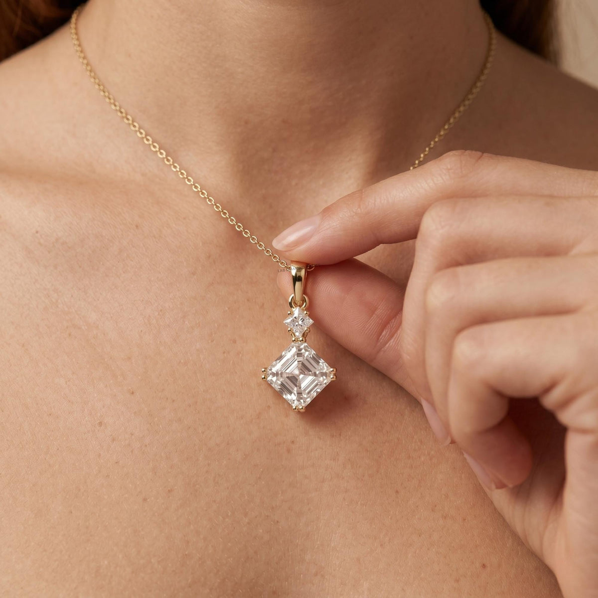 2 CT Emerald & Princess Diamond Two Stone Drop Pendant Necklace, 18K Gold - JBR Jeweler