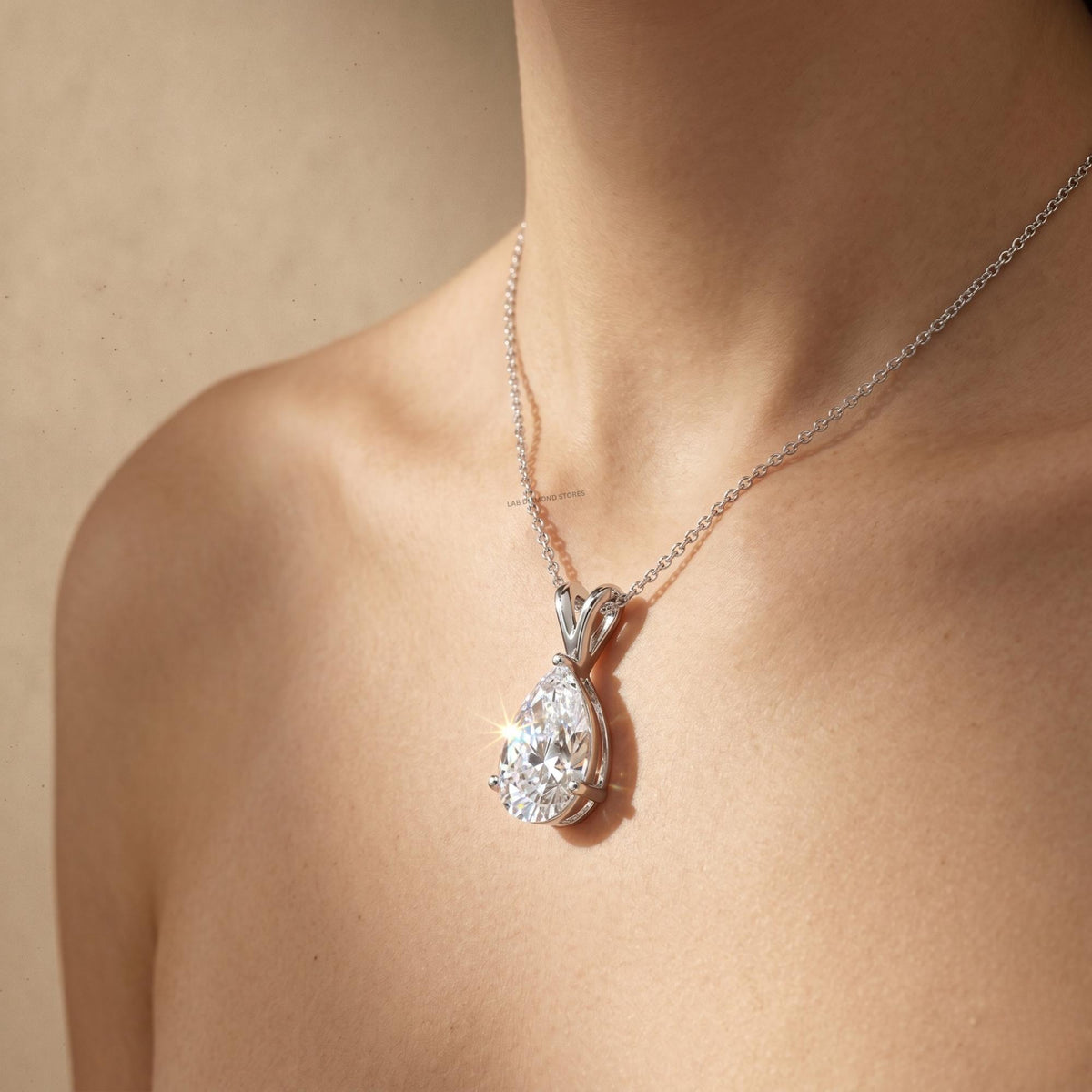 Pear Shaped Solitaire Pendant Necklace, 14K White Gold Teardrop Necklace, Lab - JBR Jeweler