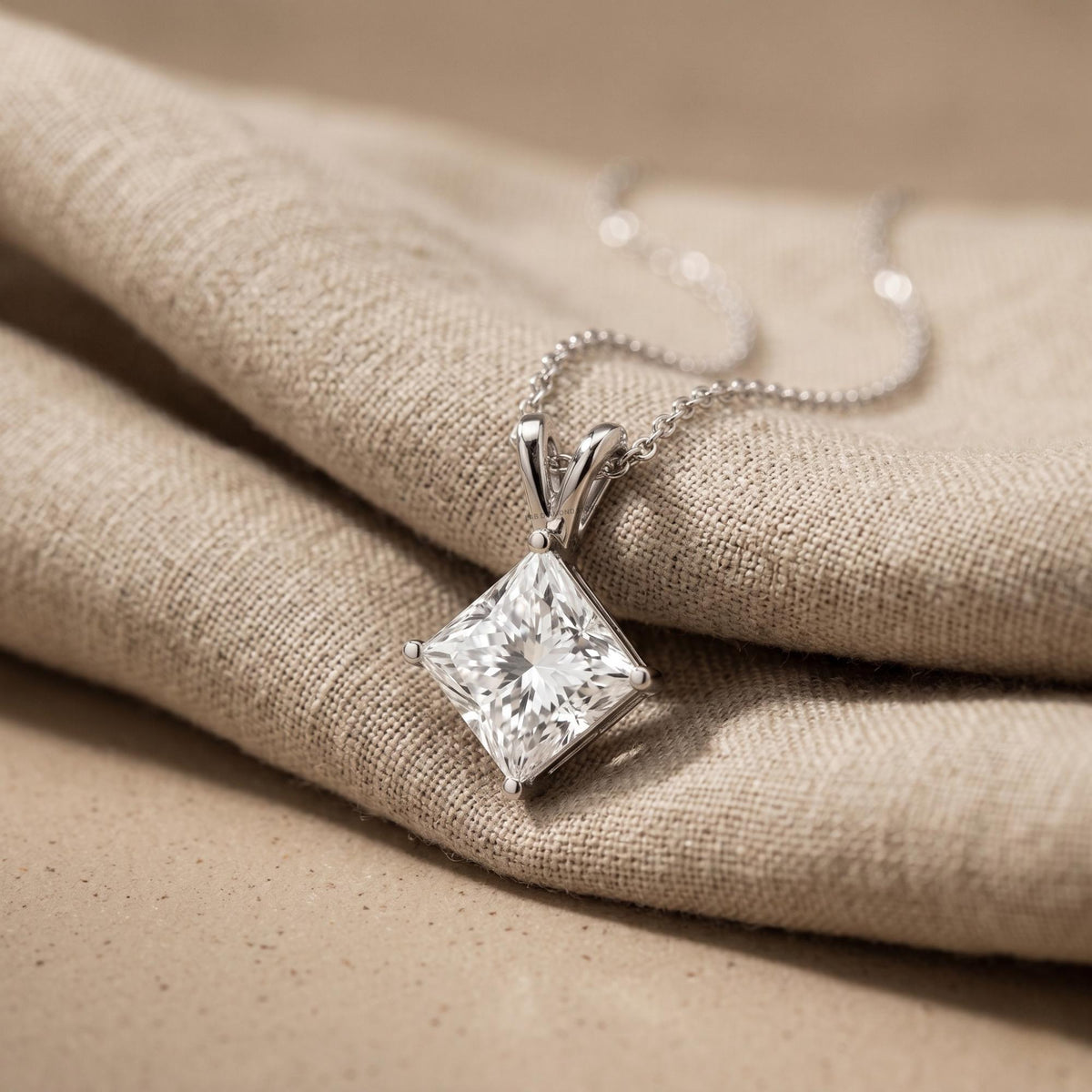 Lab Grown Princess Diamond Necklace, 14K White Gold Solitaire Pendant - JBR Jeweler
