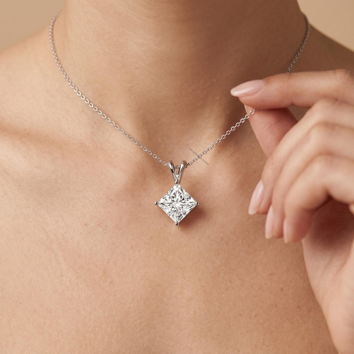 Lab Grown Princess Diamond Necklace, 14K White Gold Solitaire Pendant - JBR Jeweler