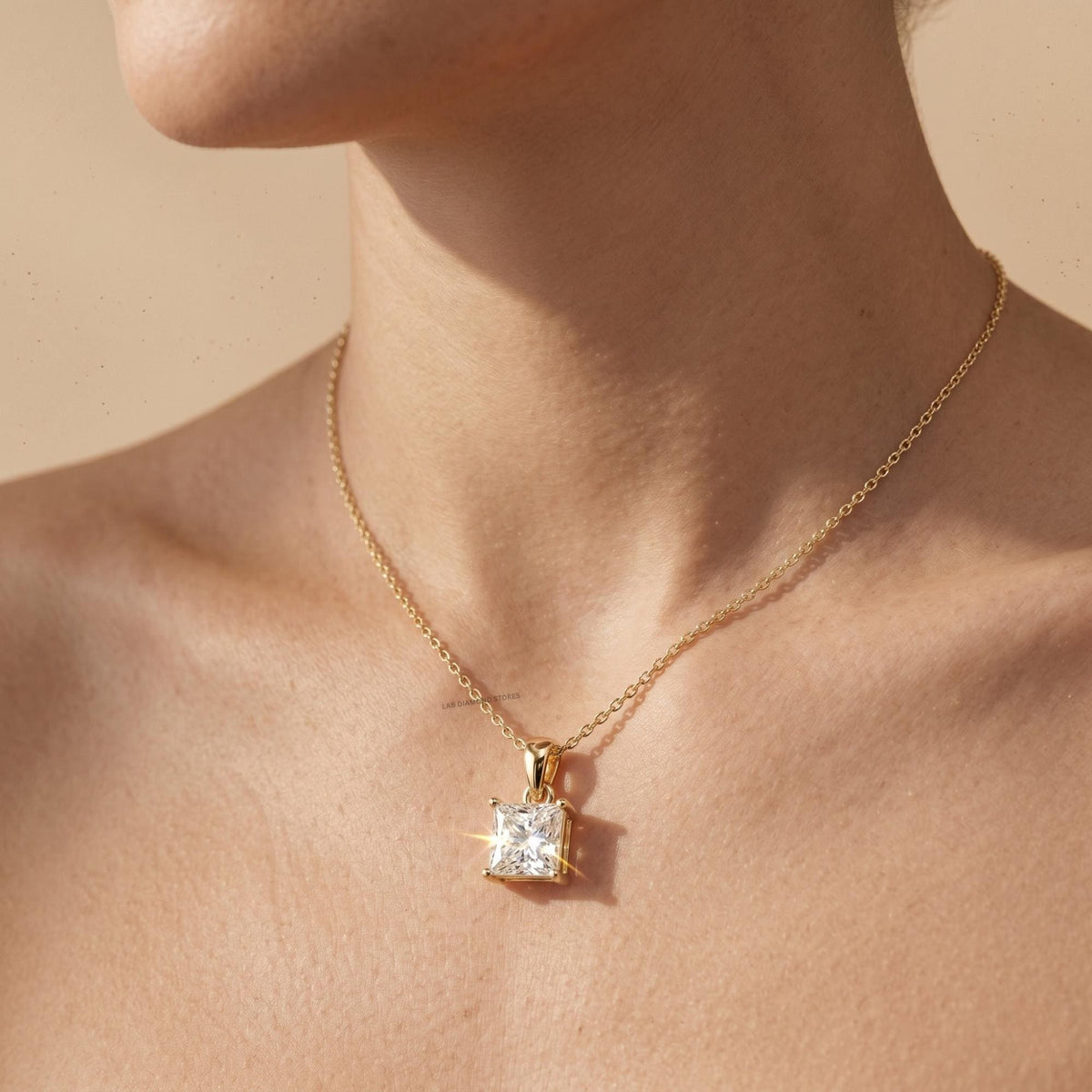 14K Gold Princess Cut Solitaire Pendant Necklace, Lab Grown Diamond Dainty - JBR Jeweler