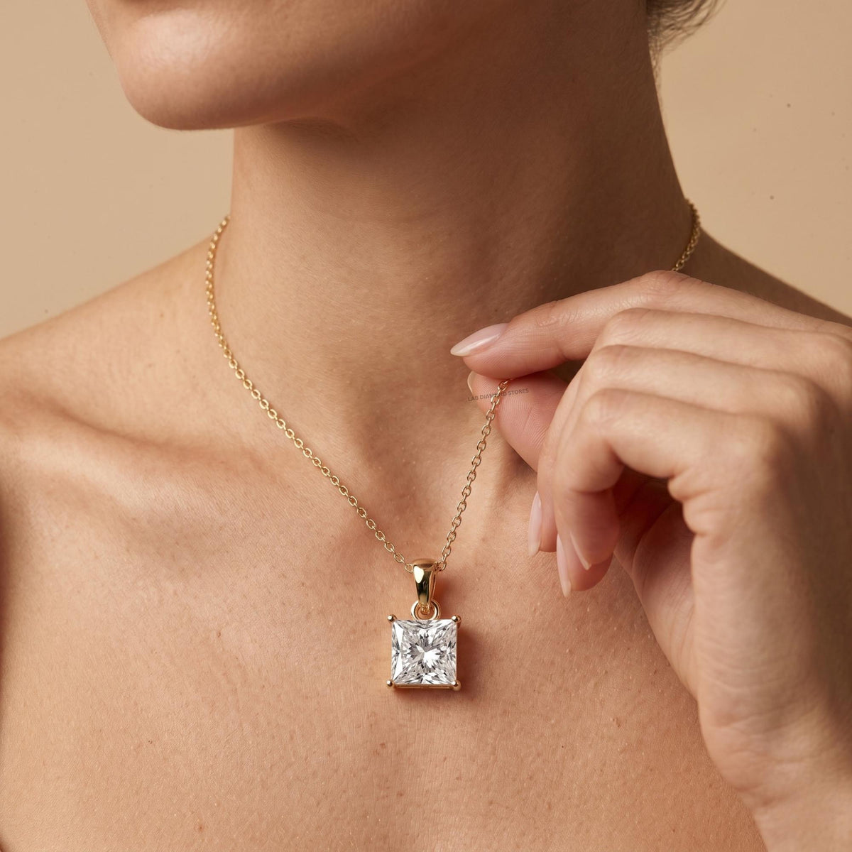 14K Gold Princess Cut Solitaire Pendant Necklace, Lab Grown Diamond Dainty - JBR Jeweler
