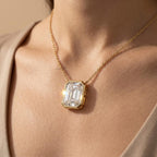 Lab Grown Emerald Diamond Bezel Pendant Necklace, 14K Gold Solitaire Bridal - JBR Jeweler