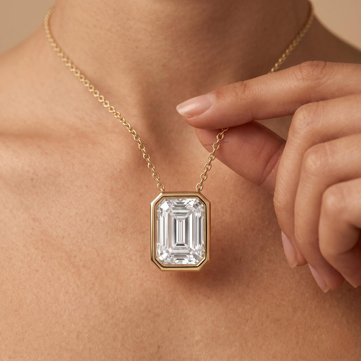 Lab Grown Emerald Diamond Bezel Pendant Necklace, 14K Gold Solitaire Bridal - JBR Jeweler