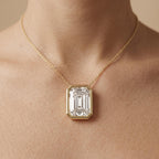 Lab Grown Emerald Diamond Bezel Pendant Necklace, 14K Gold Solitaire Bridal - JBR Jeweler