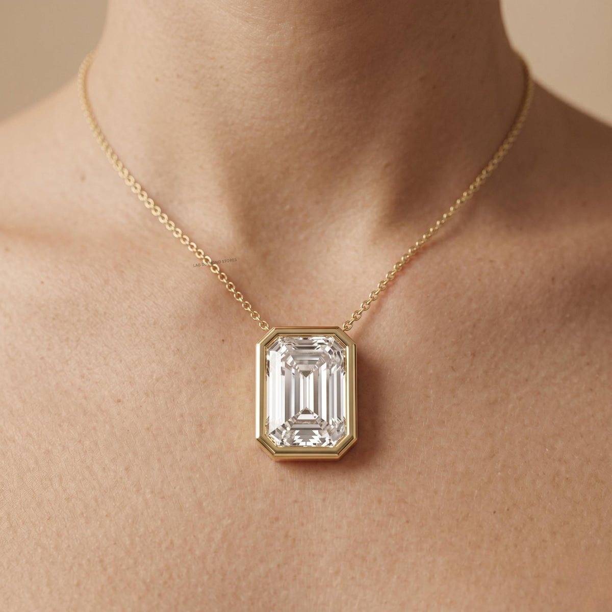 Lab Grown Emerald Diamond Bezel Pendant Necklace, 14K Gold Solitaire Bridal - JBR Jeweler