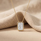 Lab Grown Emerald Diamond Bezel Pendant Necklace, 14K Gold Solitaire Bridal - JBR Jeweler