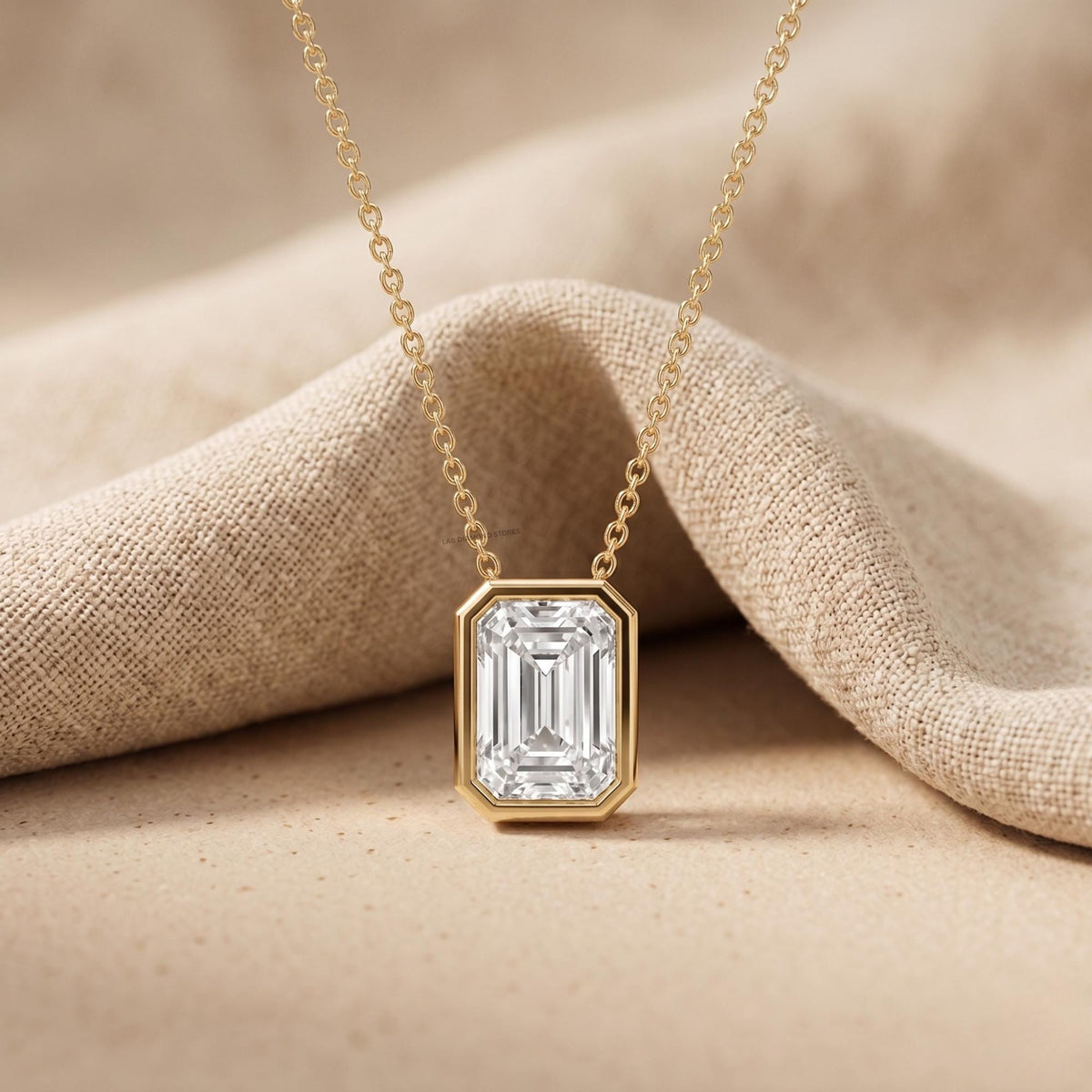 Lab Grown Emerald Diamond Bezel Pendant Necklace, 14K Gold Solitaire Bridal - JBR Jeweler