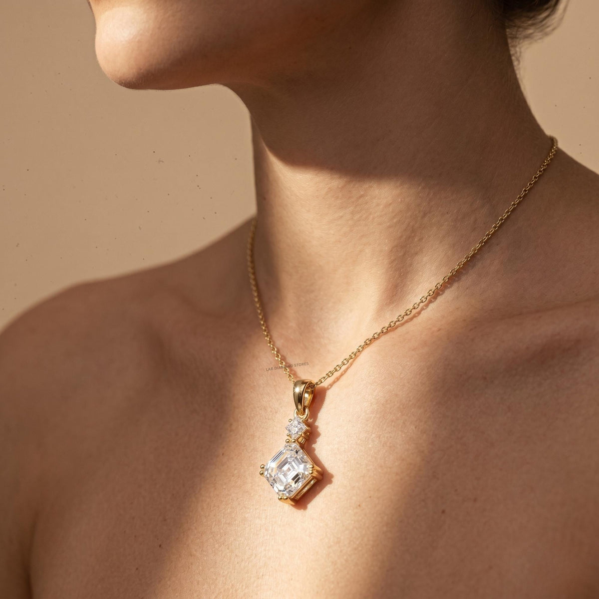 2 CT Emerald & Princess Diamond Two Stone Drop Pendant Necklace, 18K Gold - JBR Jeweler