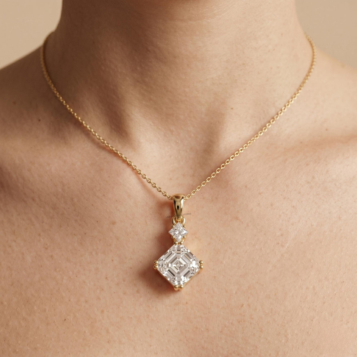 2 CT Emerald & Princess Diamond Two Stone Drop Pendant Necklace, 18K Gold - JBR Jeweler