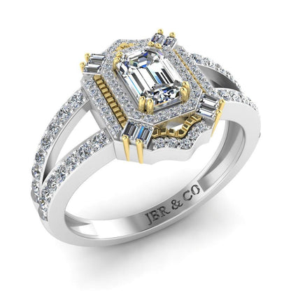 JBR Aurora Emerald Cut Double Halo Sterling Silver Engagement Ring - JBR Jeweler