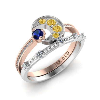 JBR Crescent Sapphire Round Cut Sterling Silver Ring Set - JBR Jeweler