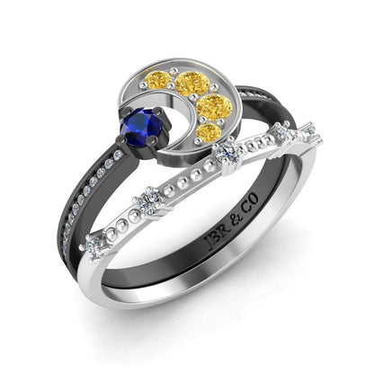 JBR Crescent Sapphire Round Cut Sterling Silver Ring Set - JBR Jeweler