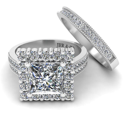 JBR Halo Princess Cut Diamond Sterling Silver Bridal Ring Set - JBR Jeweler