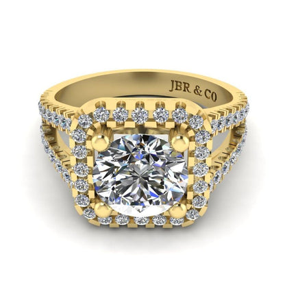 JBR Jeweler Silver Ring 3 / Silver Yellow Gold Plated JBR Halo Split Shank Round Cut Sterling Silver Engagement Ring