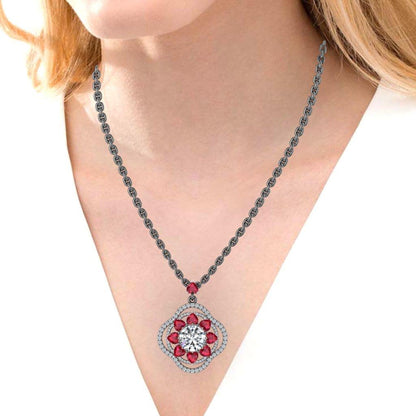 JBR Lucky Flower Diamond and Ruby Sterling Silver Necklace - JBR Jeweler