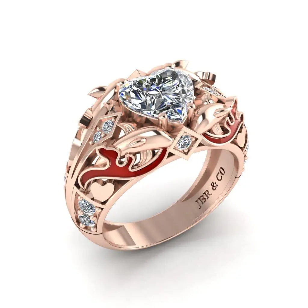 JBR Ocean Dolphin 1.80CT Heart Cut Red Enamels Sterling Silver Ring - JBR Jeweler