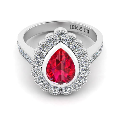 JBR Pear Cut Halo Ruby Sterling Silver Ring - JBR Jeweler