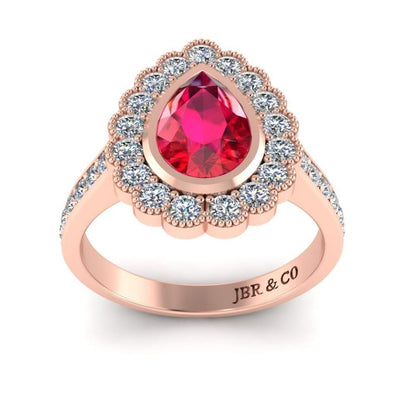 JBR Pear Cut Halo Ruby Sterling Silver Ring - JBR Jeweler