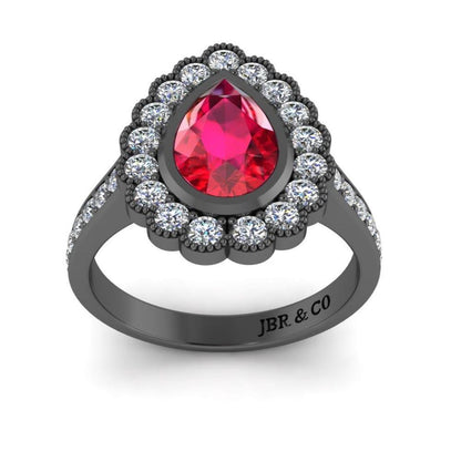 JBR Pear Cut Halo Ruby Sterling Silver Ring - JBR Jeweler