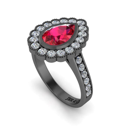 JBR Pear Cut Halo Ruby Sterling Silver Ring - JBR Jeweler