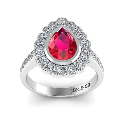 JBR Pear Cut Halo Ruby Sterling Silver Ring - JBR Jeweler