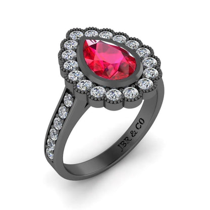 JBR Pear Cut Halo Ruby Sterling Silver Ring - JBR Jeweler