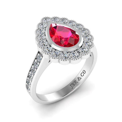 JBR Pear Cut Halo Ruby Sterling Silver Ring - JBR Jeweler