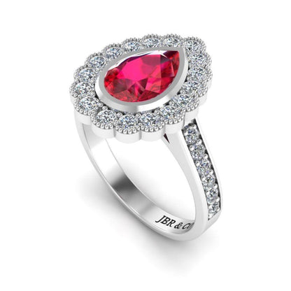 JBR Pear Cut Halo Ruby Sterling Silver Ring - JBR Jeweler