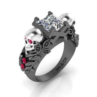 JBR Skull Design Princess Cut Sterling Silver Ring - JBR Jeweler