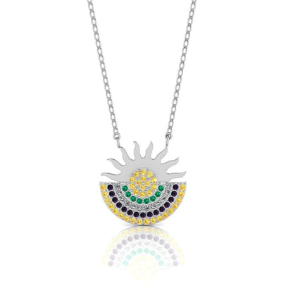 JBR Sun Moon Multi color Design Sterling Silver Necklace - JBR Jeweler