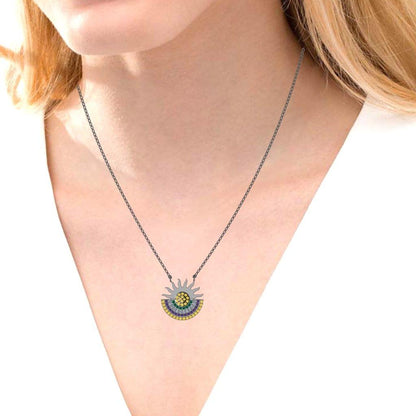 JBR Sun Moon Multi color Design Sterling Silver Necklace - JBR Jeweler