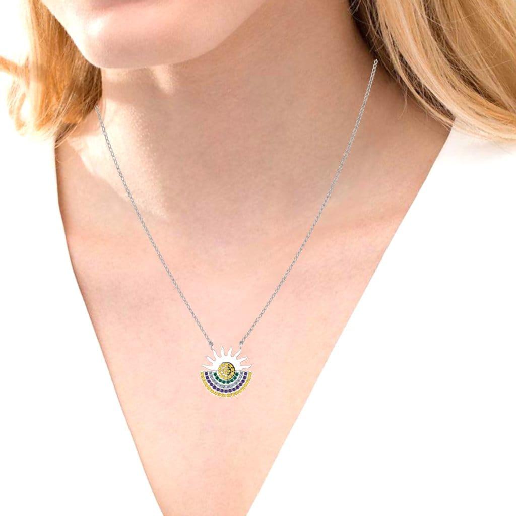 JBR Sun Moon Multi color Design Sterling Silver Necklace - JBR Jeweler