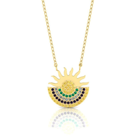 JBR Sun Moon Multi color Design Sterling Silver Necklace - JBR Jeweler