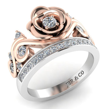 JBR Two Tone Beauty Flower Design Round Cut Sterling Silver Ring - JBR Jeweler