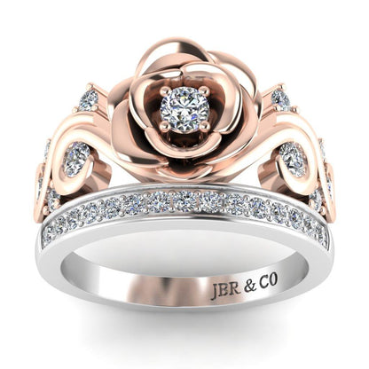 JBR Two Tone Beauty Flower Design Round Cut Sterling Silver Ring - JBR Jeweler