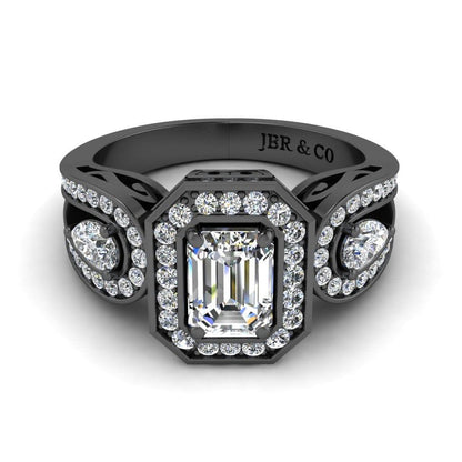 JBR Wave Style Halo Emerald Cut Sterling Silver Engagement Ring - JBR Jeweler