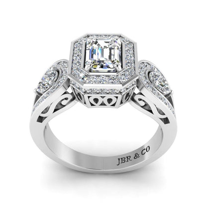 JBR Wave Style Halo Emerald Cut Sterling Silver Engagement Ring - JBR Jeweler