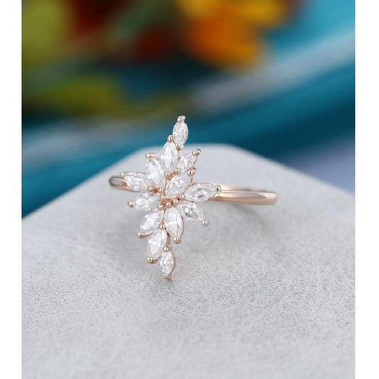 Marquise Cut Vintage Unique Cluster Leaf Rose Gold Moissanite Engagement Ring - JBR Jeweler