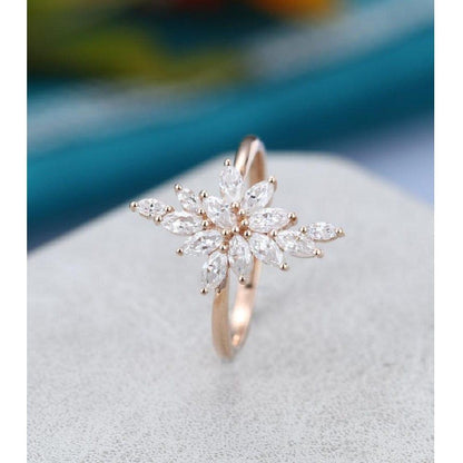 Marquise Cut Vintage Unique Cluster Leaf Rose Gold Moissanite Engagement Ring - JBR Jeweler