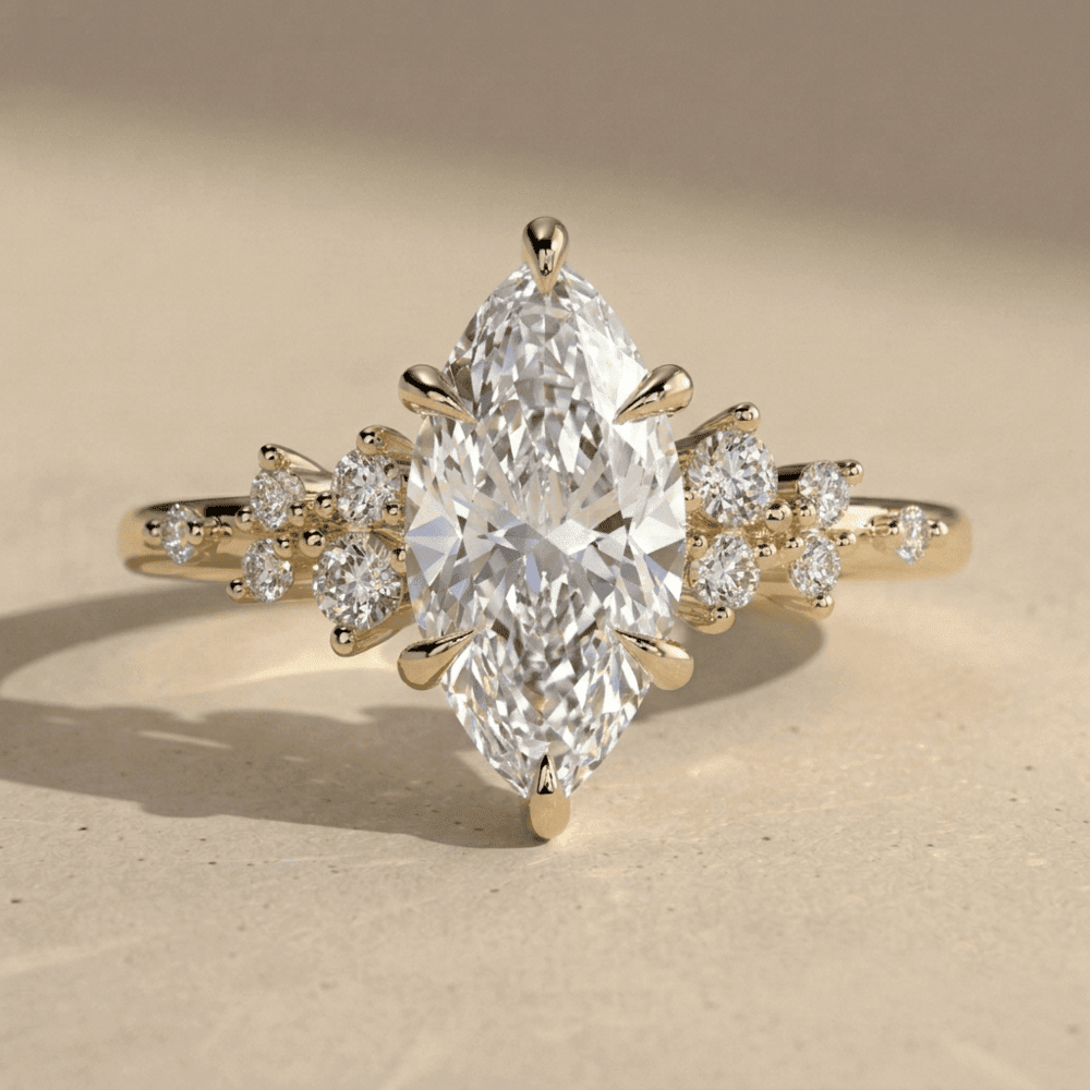Solid gold marquise moissanite wedding ring with cluster setting