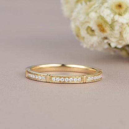 Milgrain Yellow Gold Half Eternity Minimalist Bridal Stacking Moissanite Wedding Band - JBR Jeweler