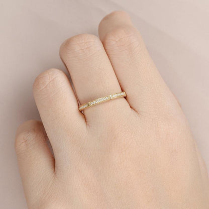 Milgrain Yellow Gold Half Eternity Minimalist Bridal Stacking Moissanite Wedding Band - JBR Jeweler