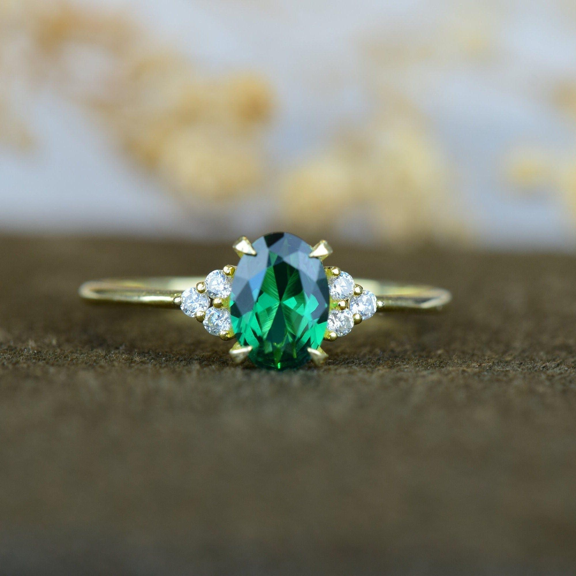 Oval Cut Emerald Gold Engagement Dainty Emerald Anniversary Ring Gift For Her - JBR Jeweler