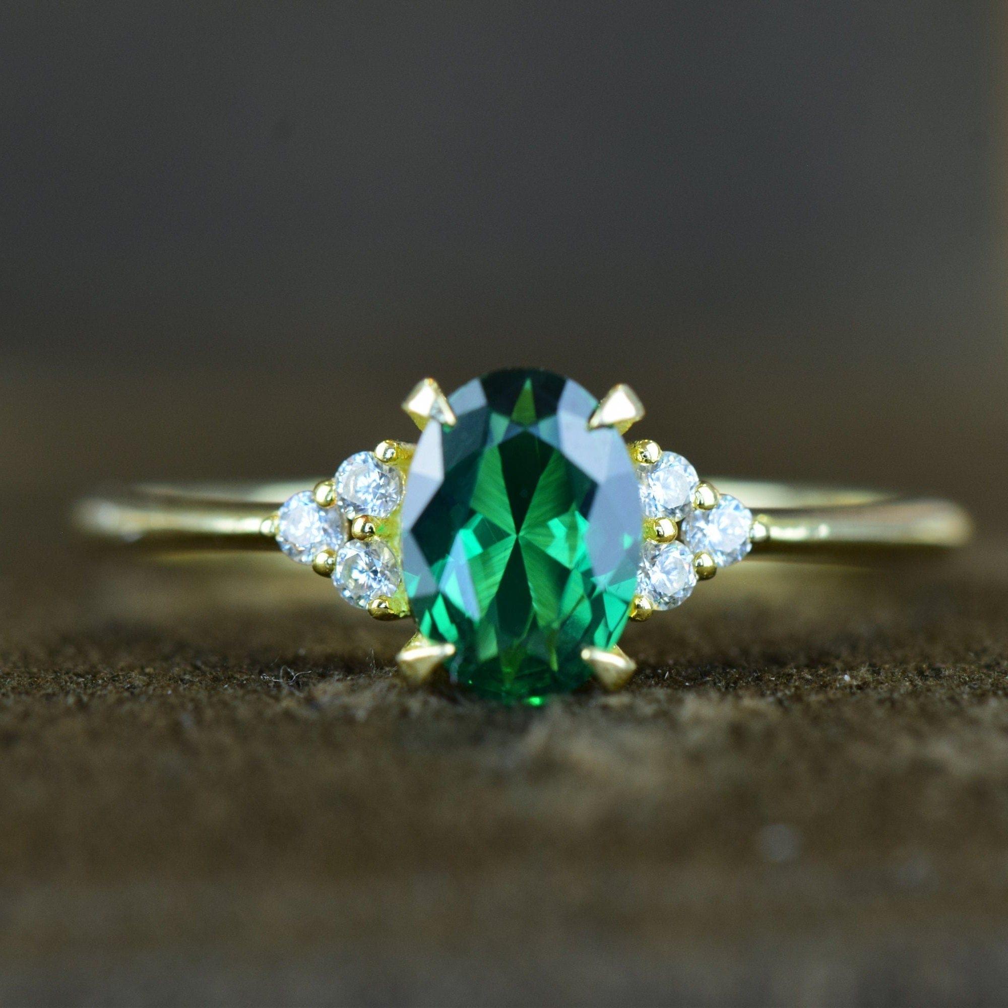 Oval Cut Emerald Gold Engagement Dainty Emerald Anniversary Ring Gift For Her
